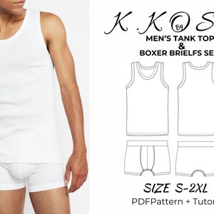 Könnte beinhalten: Ein Nähmuster für ein weißes Tanktop und Boxershorts. Das Muster beinhaltet eine Anleitung und ist in den Größen S-2XL erhältlich. Das Muster ist für ein Tanktop- und Boxershorts-Set für Herren.