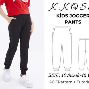 May include: A digital pattern for kids jogger pants. The pattern includes a PDF pattern and tutorial. The pattern is for sizes 10 months to 12 years. The image shows a child wearing the pants and a line drawing of the pants.