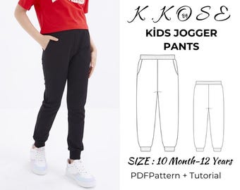 Patron PDF de pantalons de jogging pour enfants Pantalons de survêtement unisexe avec poches Tailles 10 M-12 ans Tutoriel de couture facile avec impression de photos A4 et A0