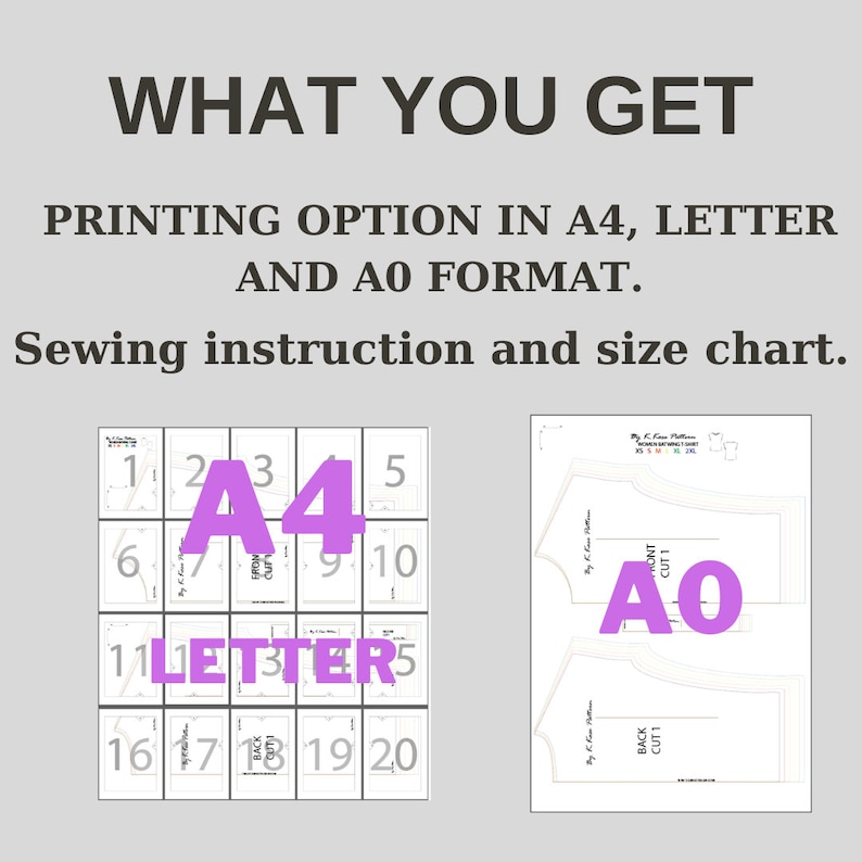 K&ouml;nnte beinhalten: Druckoptionen in A4, Letter und A0 f&uuml;r Schnittmuster. Das Bild zeigt ein Raster mit 20 Quadraten mit den Zahlen 1 bis 20 und ein gr&ouml;&szlig;eres Blatt mit dem Text "A0" in Lila.