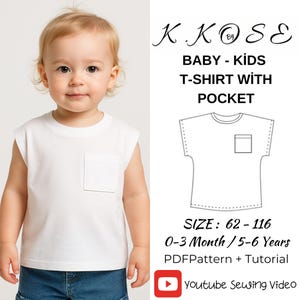 May include: A white baby t-shirt with a pocket, worn by a young child. The image includes text that reads "K.KOSE BABY - KIDS T-SHIRT WITH POCKET" and size information. A line drawing of the t-shirt is also shown. The t-shirt is designed for children aged 0-3 months to 5-6 years.