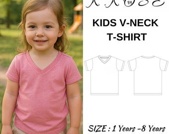 Kids V-Neck T-Shirt Sewing Pattern PDF, Short and Long Sleeve for Ages 1 to 8 Years, Easy DIY Children Clothing, Printable A4 Letter and A0