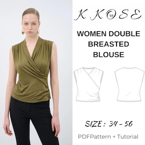 May include: An olive green sleeveless blouse with a wrap-style front. The image also includes a line drawing of the blouse and the text "WOMEN DOUBLE BREASTED BLOUSE" and "SIZE: 34-56".