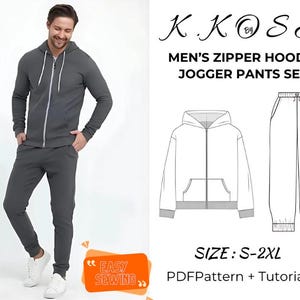 Könnte beinhalten: Ein digitales Schnittmuster für ein Kapuzenpullover-Set mit Reißverschluss und Jogginghose. Das Schnittmuster beinhaltet eine Anleitung und ist in den Größen S-2XL erhältlich. Das Bild zeigt einen Mann, der einen grauen Kapuzenpullover und eine passende Hose trägt.