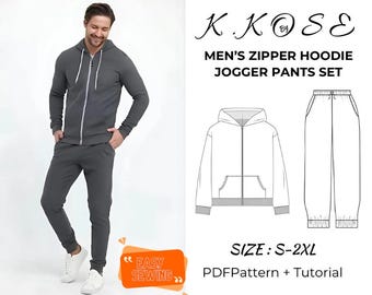 Peut inclure: Un patron numérique pour un ensemble sweat à capuche zippé et pantalon de jogging. Le patron comprend un tutoriel et est disponible en tailles S-2XL. L'image montre un homme portant un sweat à capuche gris et un pantalon assorti.