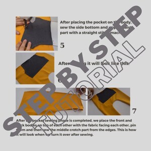 May include: A step-by-step sewing tutorial with images. The tutorial shows how to sew a pocket onto yellow fabric. The text reads "BY STEP TUTORIAL". The images show the process of sewing the pocket.