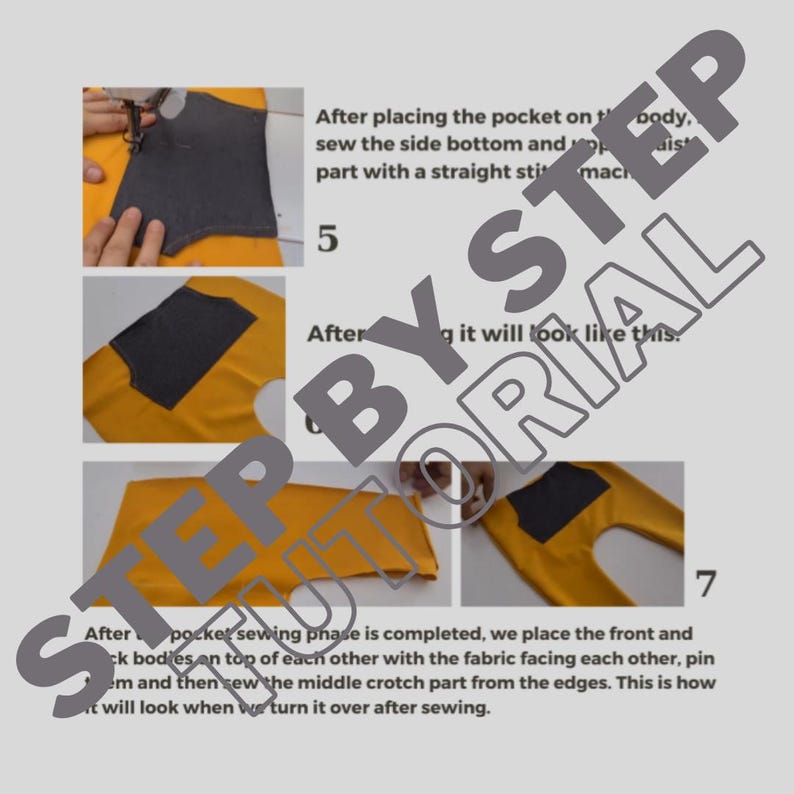 May include: A step-by-step sewing tutorial with images. The tutorial shows how to sew a pocket onto yellow fabric. The text reads "BY STEP TUTORIAL". The images show the process of sewing the pocket.