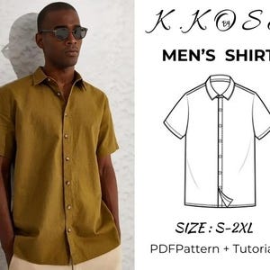 Può includere: Una camicia di lino marrone con colletto abbottonato e maniche corte. La camicia è mostrata su un manichino. Il testo "K.KOSE BY" e "MEN'S SHIRT" è visualizzato sopra la camicia. Il testo "SIZE: S-2XL" e "PDF Pattern + Tutorial" è visualizzato sotto la camicia.