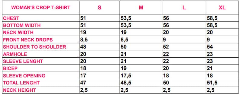 K&ouml;nnte beinhalten: Eine wei&szlig;e Tabelle mit schwarzem Text, die die Ma&szlig;e eines Damen-Crop-Tops detailliert. Die Ma&szlig;e umfassen Brust, Unterweite, Halsweite, vordere Halsausschnitttiefe, Schulter zu Schulter, Armloch, &Auml;rmell&auml;nge, Bizeps, &Auml;rmel&ouml;ffnung, Gesamtl&auml;nge und Nackenh&ouml;he.