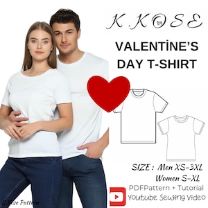 May include: A Valentine's Day T-shirt design featuring a red heart and a couple wearing white t-shirts and blue jeans. The design includes a line drawing of a t-shirt and text indicating sizes for men and women.