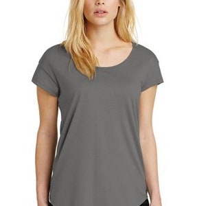 May include: A gray, short-sleeved, scoop neck t-shirt with a relaxed fit.