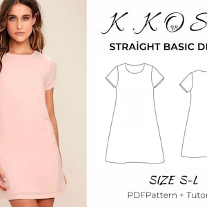 Könnte beinhalten: Ein digitales Schnittmuster für ein gerades Basic-Kleid in den Größen S-L. Das Schnittmuster beinhaltet ein PDF-Schnittmuster und eine Anleitung. Das Bild zeigt ein Model, das eine rosa Version des Kleides trägt.