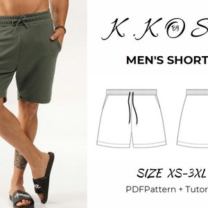 Könnte beinhalten: Ein PDF-Schnittmuster und eine Anleitung zum Nähen von Herren-Shorts. Das Schnittmuster zeigt eine Shorts mit Kordelzugbund und Taschen. Die Größenspanne reicht von XS bis 3XL.