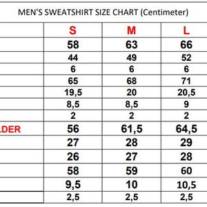May include: A size chart for sweatshirts in centimetres, showing measurements for chest, bottom width, rib height, total length, neck width, front neck drop, back drop, shoulder to shoulder, armhole, bicep, sleeve length, sleeve opening, and collar rib height. The chart includes sizes S, M, L, XL, and XXL.