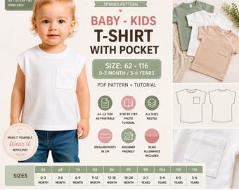 Pocket T-Shirt Sewing Pattern PDF | Baby & Kids Tee Pattern | Toddler Shirt | Sizes 62-116 cm | Printable A4 A0 Letter | Digital Download