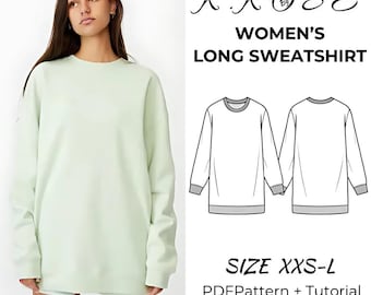 Womens Long Sweatshirt Sewing Pattern: Sweater Dress (XXS-L) (PDF Pattern)