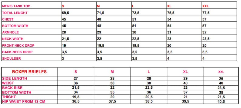 May include: Size chart for tank tops and boxer briefs. The chart shows measurements in inches for sizes S, M, L, XL, and XXL. Measurements include total length, chest, bottom width, armhole, neck width, front neck drop, back neck drop, shoulder, side length, waist, back rise, bottom width, thigh, and hip waist from 13 cm.