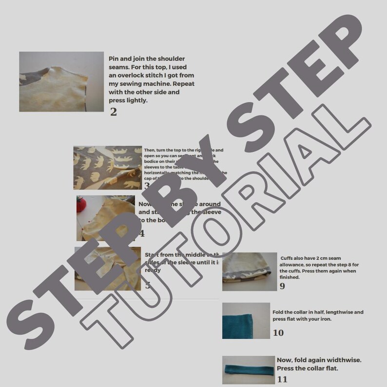 May include: A step-by-step sewing tutorial with images showing how to sew a top. The tutorial includes instructions for sewing the shoulder seams, turning the top right side out, and sewing the sleeves. The tutorial also includes instructions for sewing the cuffs and folding the collar.