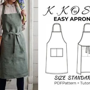 Może przedstawiać: Wzór szycia na łatwy fartuch z jedną kieszenią. Wzór zawiera instrukcje i jest dostępny w standardowym rozmiarze. Tekst na obrazku brzmi "K.Kose Easy Apron Size Standard PDF Pattern + Tutorial".