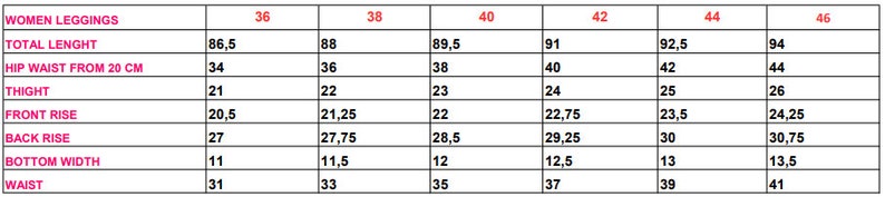 May include: A chart showing women's leggings size measurements in inches. The chart includes measurements for total length, hip waist from 20 cm, thigh, front rise, back rise, bottom width, and waist. Sizes range from 36 to 46.