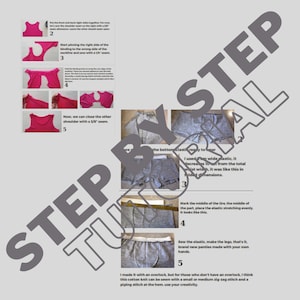 May include: A step-by-step tutorial on how to sew underwear with elastic. The tutorial includes images of the steps and text instructions. The text includes the following: "Put the front and back right sides together. For now, let's sew the shoulder seam on the right with a 3/8" allowance. Leave the other shoulder seam open."