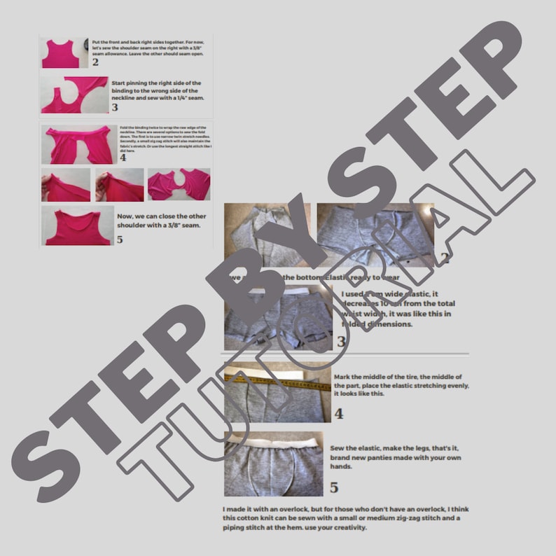 May include: A step-by-step tutorial on how to sew underwear with elastic. The tutorial includes images of the steps and text instructions. The text includes the following: "Put the front and back right sides together. For now, let's sew the shoulder seam on the right with a 3/8" allowance. Leave the other shoulder seam open."
