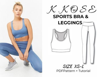 Könnte beinhalten: Ein digitales Schnittmuster für einen Sport-BH und Leggings. Das Schnittmuster beinhaltet einen weißen Sport-BH mit einem grauen Mesh-Einsatz und blaue Leggings. Das Schnittmuster ist in den Größen XS-L erhältlich und beinhaltet ein PDF-Schnittmuster und eine Anleitung. Der Text "K.KOSE SPORTS BRA & LEGGINGS SIZE XS-L PDF Pattern + Tutorial" ist im Bild enthalten.