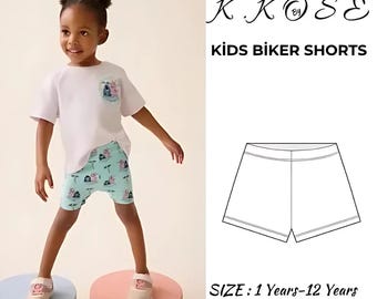 May include: A digital download pattern for kids biker shorts. The pattern includes a PDF pattern and tutorial. The pattern is for sizes 1 to 12 years.