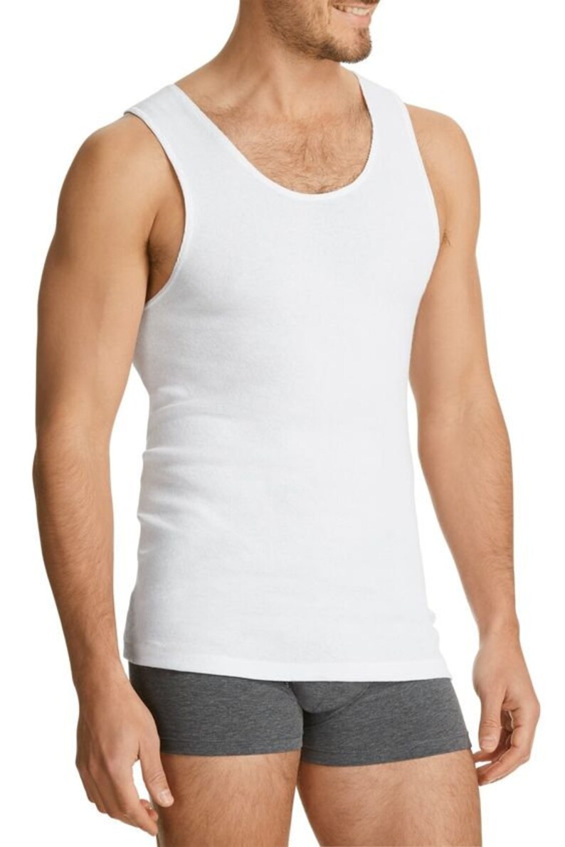 May include: A white sleeveless undershirt with a scoop neck.