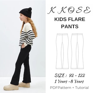 May include: A digital sewing pattern for kids' flare pants. The pattern includes a tutorial and is available in sizes 92-122 (1-8 years).