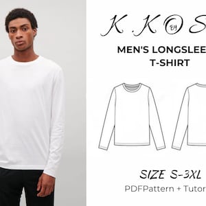 Patrón de costura de camiseta fácil / Patrón de costura de manga larga para hombres en Pdf/Camiseta de manga larga para hombres/descarga instantánea/costura paso a paso/Carta A4-A0