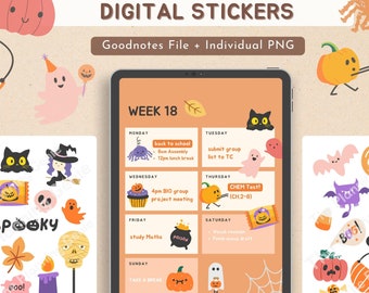 Kawaii Halloween Digital Stickers: Pumpkin, Ghost, Bat (Goodnotes, PNG)