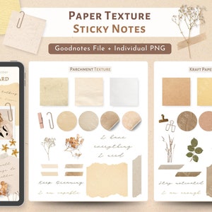 Notas adhesivas digitales con textura de papel beige, notas adhesivas para agenda digital, pegatinas en tonos neutros, pegatinas precortadas Goodnotes