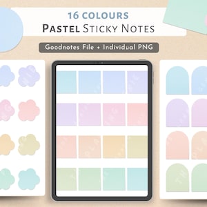 May include: A digital tablet screen displaying 16 pastel coloured sticky notes in a grid pattern. The notes are in various shapes, including squares, circles, and arches. The text "16 COLOURS PASTEL STICKY NOTES" is displayed above the grid. The text "Goodnotes File + Individual PNG" is displayed below the grid.