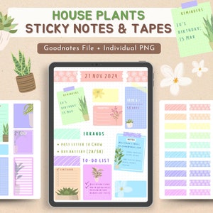 May include: A digital planner page with house plant themed sticky notes and washi tapes. The page is dated "27 NOV 2024" and includes sections for reminders, errands, and a to-do list. The sticky notes feature illustrations of house plants and the washi tapes have various patterns.
