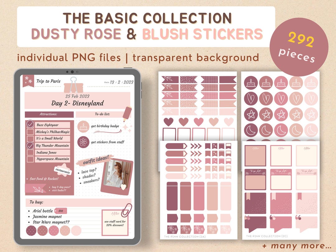 Planner Stickers - Dusty Rose and Blush Digital Sticker Set, Pink Memo ...