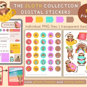 以下が含まれることがあります： さまざまなポーズをとったナマケモノのイラスト161個が収録されたデジタルステッカーセット。かわいい写真フレーム、付箋、さまざまな色の背景を持つ円形のステッカーが含まれています。画像の上部には「The Sloth Collection」というテキストが表示されています。