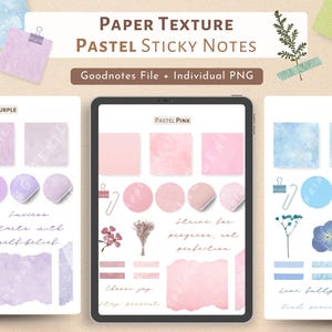 Könnte beinhalten: Drei digitale Haftnotiz-Sets für die Goodnotes-App. Jedes Set hat eine andere Pastellfarbe: Lila, Rosa und Blau. Jedes Set enthält Haftnotizen in verschiedenen Formen und Größen, darunter Quadrate, Kreise und Rechtecke. Die Notizen haben eine Papierstruktur und enthalten inspirierende Zitate.