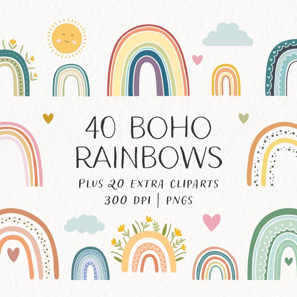 Boho Rainbow Clipart | 40 arcs-en-ciel + 20 éléments supplémentaires | Fichiers PNG haute résolution 300 dpi | CS016