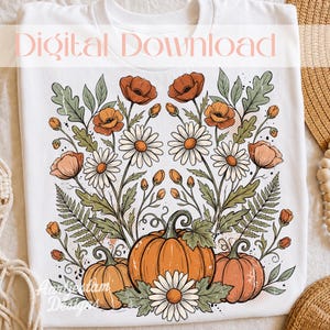 Floral Pumpkin PNG, Vintage Fall Flowers Sublimation, Autumn Pumpkin Wildflower Design, Boho Thanksgiving Shirt PNG, Instant Download
