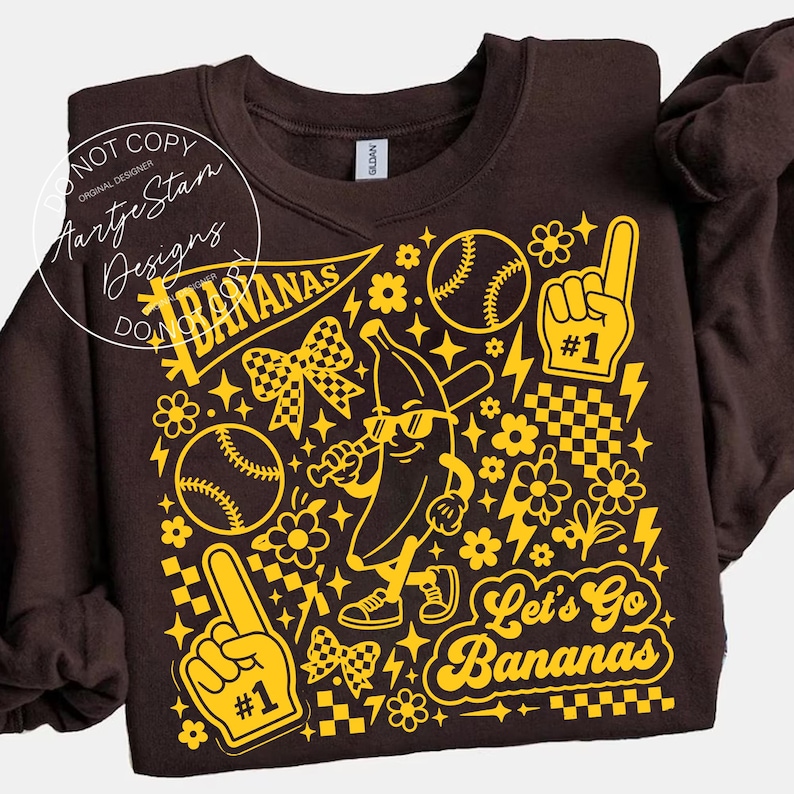 Let's go bananas PNG DTF transfer sublimation Savannah Bananas baseball sweatshirt brown crewneck retro funny baseball tee baseball mom gift game day shirt banana mascot coquette checkered bow yellow crewneck retro sport women funny baseball gift little league shirt team spirit crewneck spring baseball gift lightning bolt baseball babe sweatshirt
