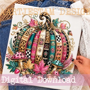 Book Pumpkin PNG, Colorful Leopard Checkered Books Fall Shirt Design, Book Lover Autumn Sublimation, Reading Pumpkin Png, Digital Download