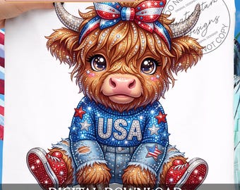 Vaca Highland de diamantes de imitación de EE. UU., 4 de julio PNG, 250 aniversario de EE. UU., vaca de diamantes de imitación de cristal, Día de la Independencia, vaca western de diamantes de imitación de imitación