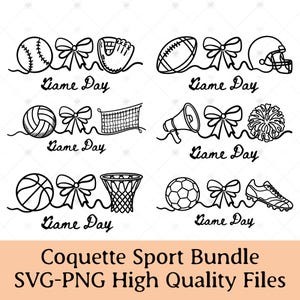Könnte beinhalten: Schwarz-Weiß-Illustrationen von Sportgeräten, darunter Baseball, Football, Volleyball, Basketball, Fußball, Handschuh, Helm, Netz, Megaphon, Pompon und Schuh. Der Text "Game Day" steht unter jedem Set. Der Text "Coquette Sport Bundle SVG-PNG High Quality Files" befindet sich unten.