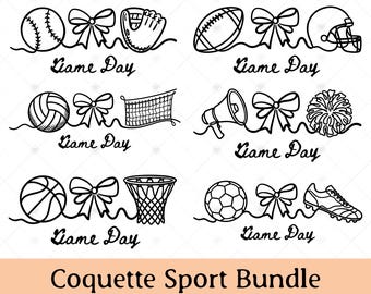 Sports Gameday Bundle PNG & SVG, Baseball Football Soccer Basketball Volleyball Cheerleader, Continuous Line Art, Coquette Bow png svg
