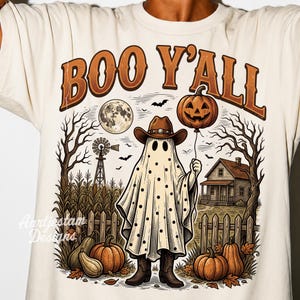 Boo Y'all PNG, Vintage Cowboy Ghost Halloween Sublimation, Western Spooky Shirt Design, Retro Country Halloween Graphic PNG