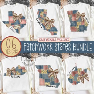 Könnte beinhalten: Weiße T-Shirts mit Patchwork-Staaten-Designs, darunter Texas, Kalifornien und Georgia. Jeder Staat ist im Patchwork-Stil mit einer Schleife dargestellt. Der Text "Patchwork States Bundle" wird angezeigt.