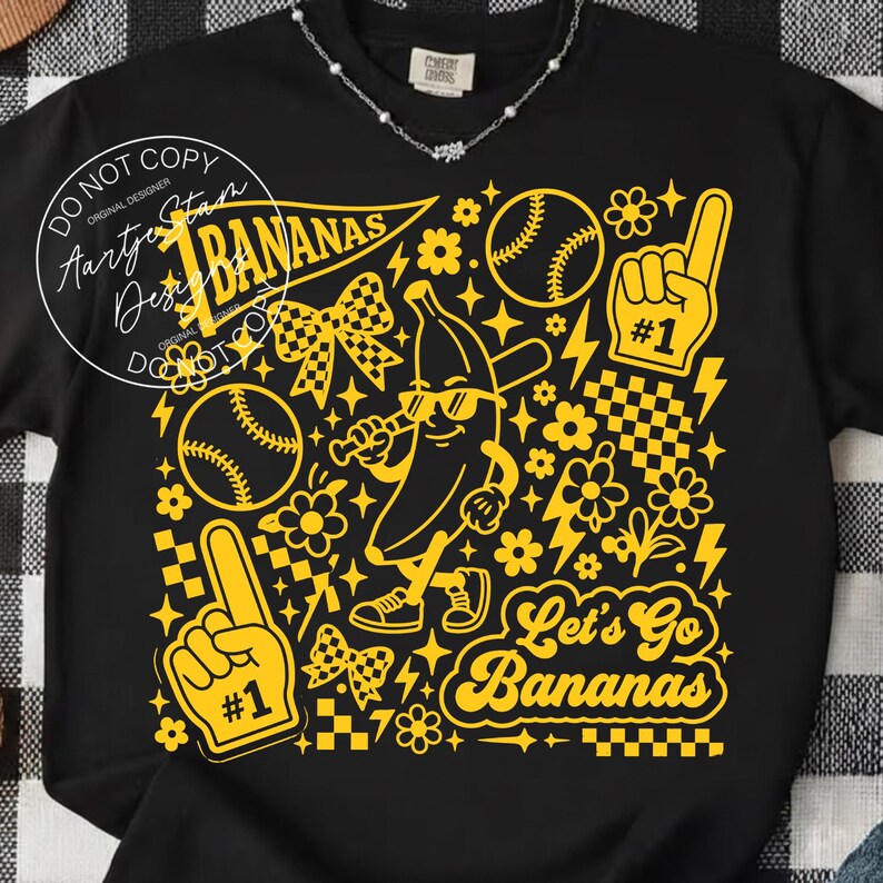 Let's go bananas PNG DTF transfer sublimation Savannah Bananas baseball sweatshirt comfort colors black retro funny baseball tee baseball mom gift game day shirt banana mascot coquette bow crewneck retro sport shirt women baseball fan gift yellow number one foam finger baseball lover tee lightning bolt baseball humor shirt baseball babe tee
