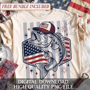 May include: Cream-colored t-shirt featuring a graphic of a fish wearing a baseball cap with an American flag design. The fish is set against a patriotic background with stars and stripes. Text at the bottom reads "DIGITAL DOWNLOAD HIGH QUALITY PNG FILE."