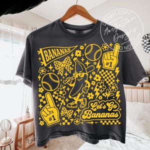 Let's go bananas PNG DTF transfer sublimation Savannah Bananas baseball tshirt retro collage tee funny baseball shirt game day tee baseball mom shirt women banana mascot coquette checkered bow yellow pennant retro sport gift women trendy baseball fan tee little league shirt team spirit tshirt spring baseball gift vintage baseball tee